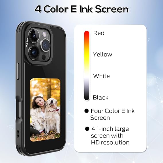 Upgraded Smart Ink Case for iPhone 16 Pro Max - 4.1 HD 4-Color E Ink Screen, NFC Custom Digital Picture Transfer, DIY Digital Photos, Durable Anti-Drop Cover, Compatible with iPhone Black