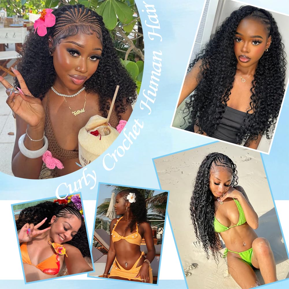 Feather Crochet Human Hair 18inch Curly Miracle Knots Human Crochet Hair Pre‑Separated Invisible Crochet Bundles Lightweight Reusable Hair Extensions for Women Natural Black 120g