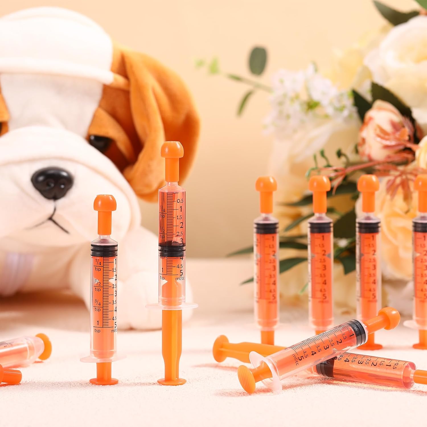 TrelaCo 100 Pack 5ml Oral Syringes with Caps, Colored Plastic Measuring Syringe No Needle for Liquid, Medicine, Pet Feeding, DIY, Party, Back to School, Craft, Individually Sealed and Wrapped(Orange)