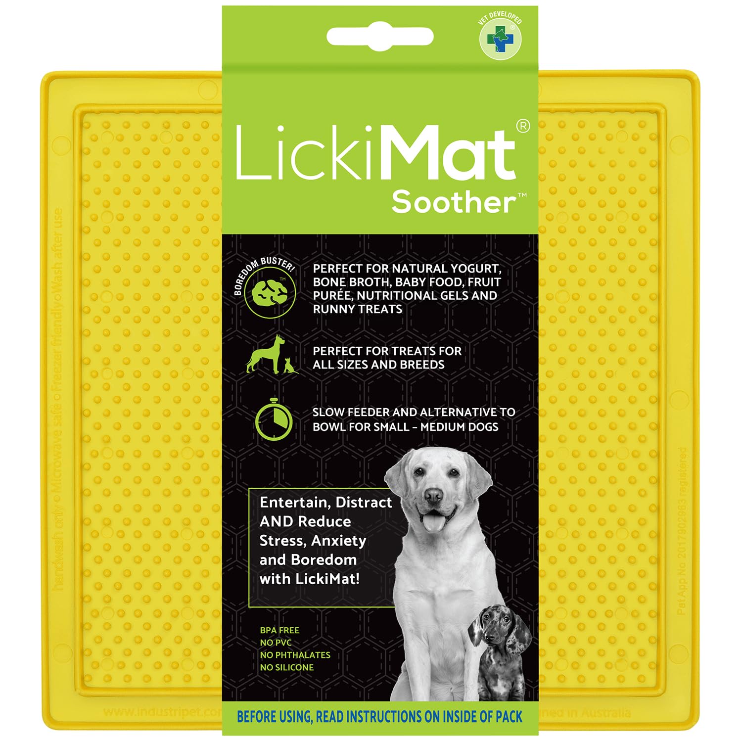 LickiMat Classic Soother, Dog Feeding Mat for Boredom and Anxiety Relief, Ideal for Food, Treats, Yoghurt or Peanut Butter, Lick Mats, Fun Alternative to a Slow Feeder Dog Bowl, Yellow