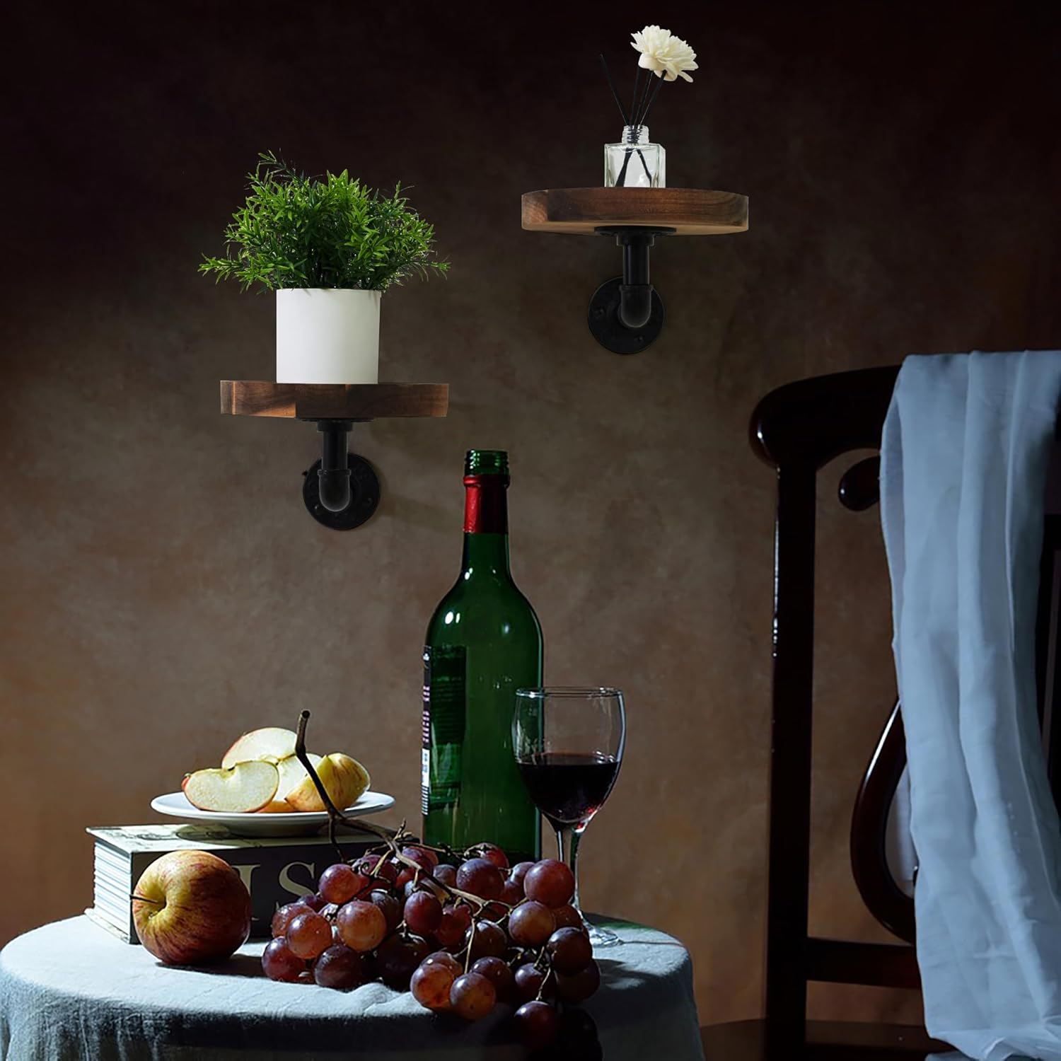 Round Wooden Floating Shelves Wall Mounted (Set of 2). Made of Acacia Wood. Industrial Pipe Brackets. A Unique Rustic Pedestal for Plants and Ornaments. Diameter 7.1 inches.