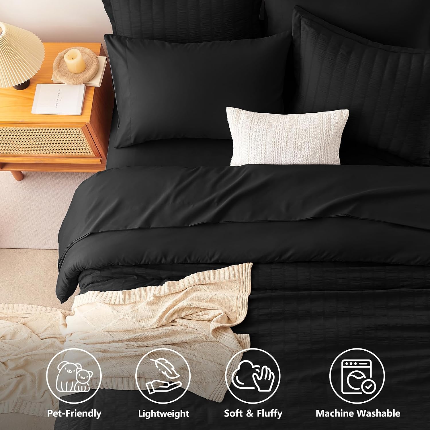CozyLux Twin Comforter Set with Sheets 5 Pieces, Black Seersucker Luxury Textured Bed in a Bag, All Season Soft Bedding Sets with Down Alternative Comforter, Sheets, Pillowcase & Sham, Bedroom Bed Set thumbnail