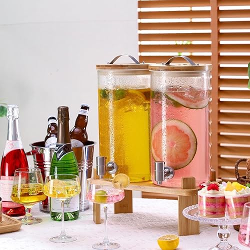 Miniatura 8 de Juego de 2 dispensadores de bebidas de vidrio de 1.5 galones con soporte, espita, dispensadores grandes de bebidas de agua para fiestas para