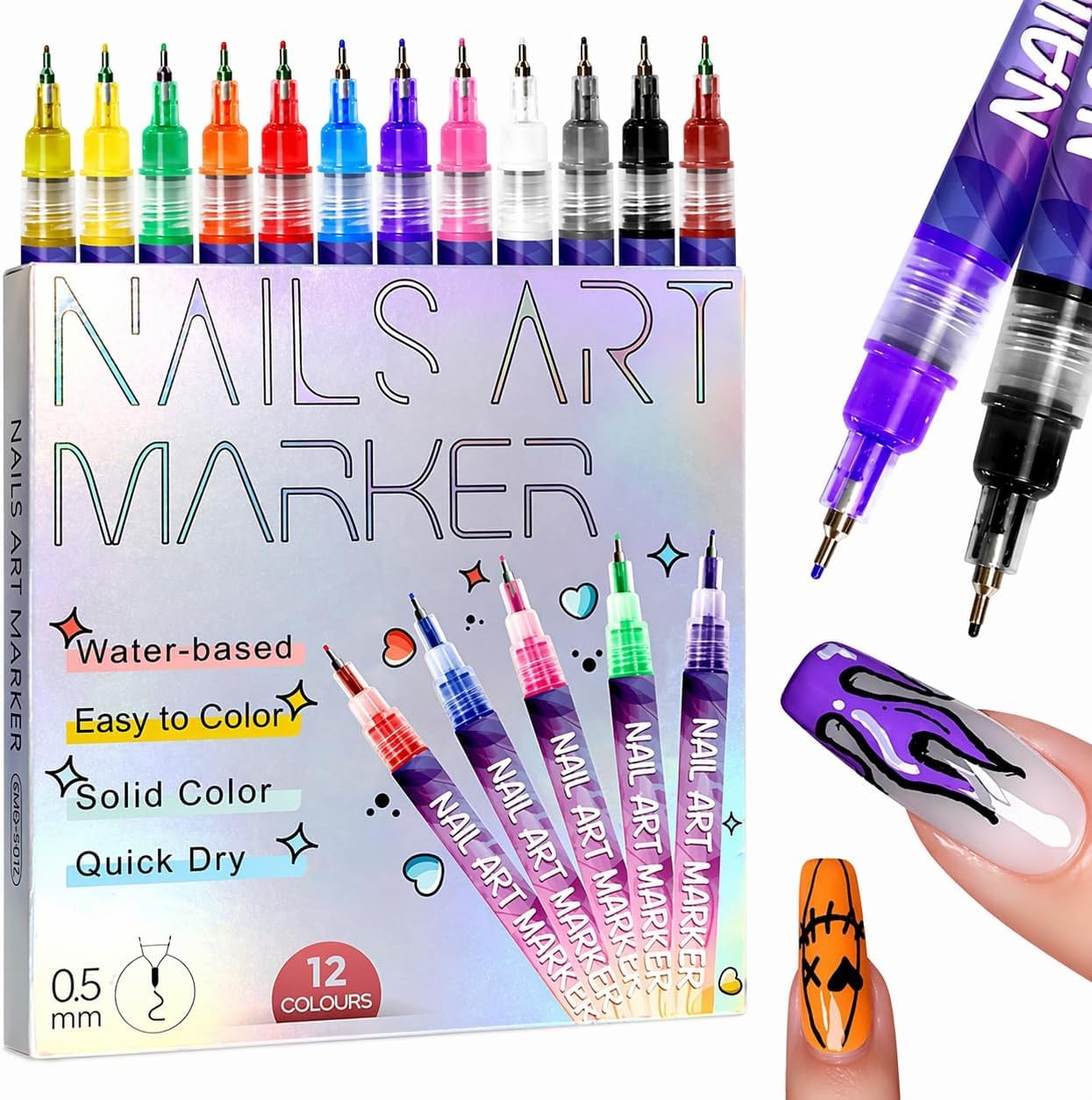 12 colors nail art pens, 0.5mm tip 3d acrylic polish pen set, waterproof | quick-drying dotting graffiti drawing liner brush, diy nail art design manicure tools for beginners women home salon