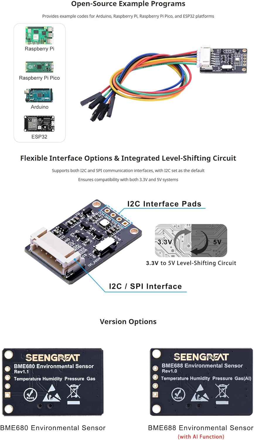 BME688 Environmental Sensor, AI-Enhanced, Monitors Temperature, Humidity, Pressure & Gas, I2C/SPI, 3.3V/5V Compatible for Raspberry Pi, Arduino, ESP32 with AI Function
