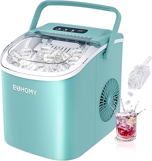 EUHOMY Countertop Ice Maker Machine with Handle, 26lbs Per Day, 9 Ice Cubes Ready in 6 Mins, Auto-Cleaning Portable Ice Maker with Basket and Scoop, for Home/Kitchen/Camping/RV (Green)