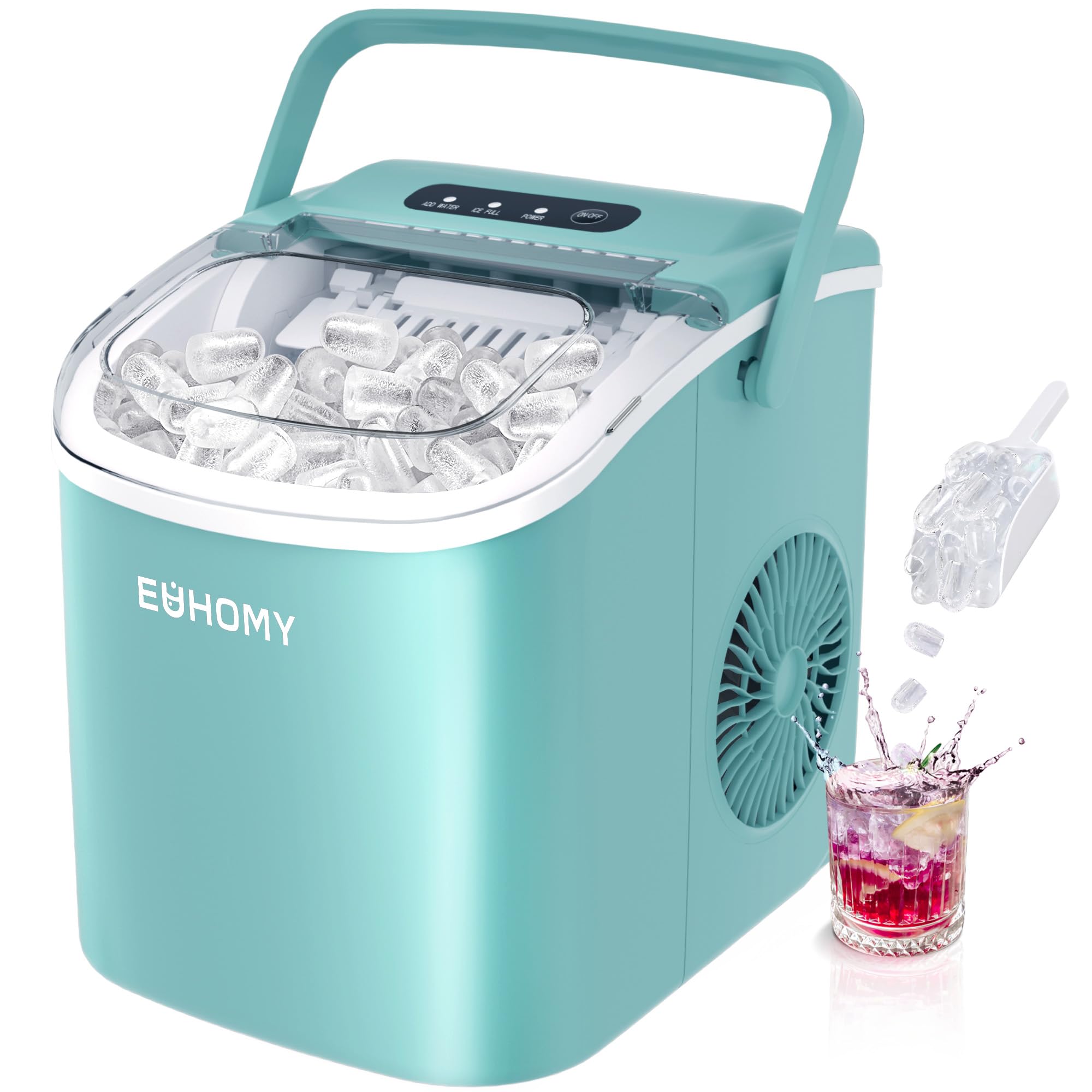 EUHOMY Countertop Ice Maker Machine with Handle, 26lbs Per Day, 9 Ice Cubes Ready in 6 Mins, Auto-Cleaning Portable Ice Maker with Basket and Scoop, for Home/Kitchen/Camping/RV (Green)
