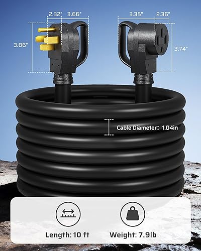 Miniatura 9 de DEWENWILS Cable de extensión EV RV de 50 amperios, 10 pies, NEMA 14-50P a 14-50R 6/3+8/1 cable de cobre, cable de alimentación EV resistente de Negro