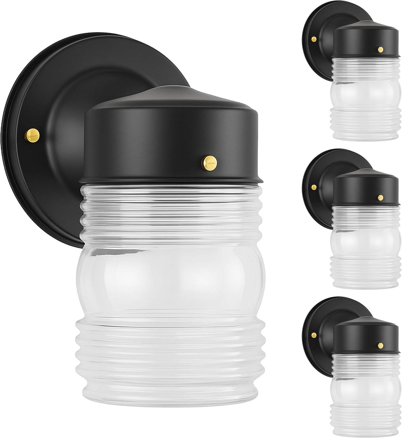 OHLECTRIC Outdoor Wall Sconce Wall Light (4-Pack) Jelly Jar Design, Vintage Clear Ribbed Glass, Dimmable & LED Compatible, Wet-Rated, Matte Black, Ideal for Porch, Patio, Garage, 5.75"x7.5"