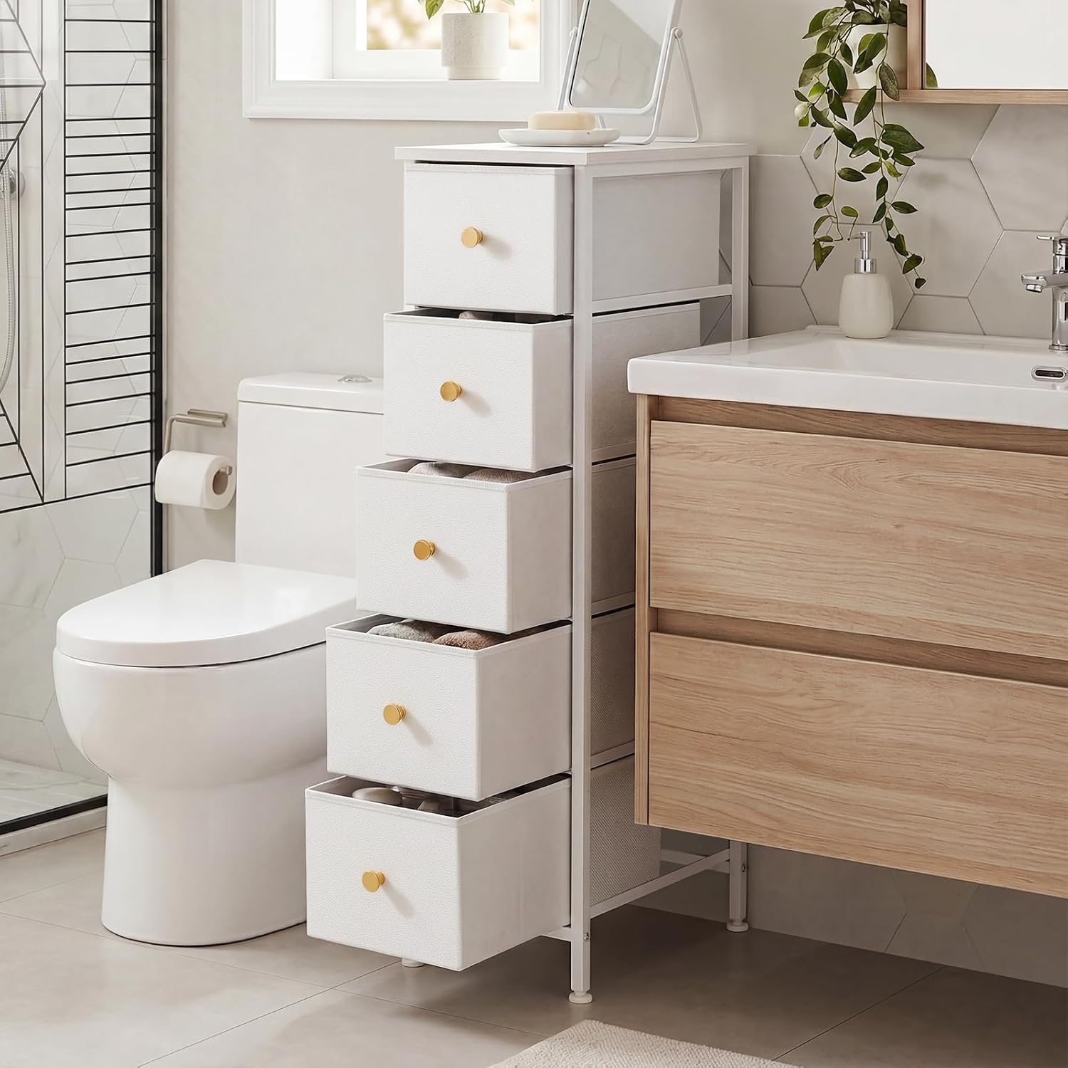 Fixwal Narrow Storage Cabinet, Narrow Nightstand Dresser with 5 Drawers, Slim Fabric Dresser Storage Tower for Small Spaces, White Dresser, for Bedroom, Bathroom, Laundry, Closet