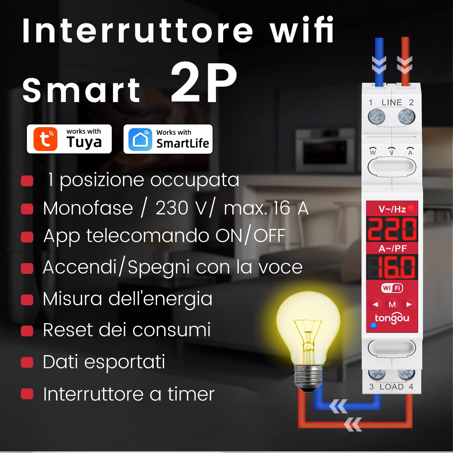 Tongou Interruttore WiFi 2P 18 mm | 16 A WLAN Smart Relè Interruttore con doppia separazione | con misurazione del consumo di energia | App Smart Life | Alexa