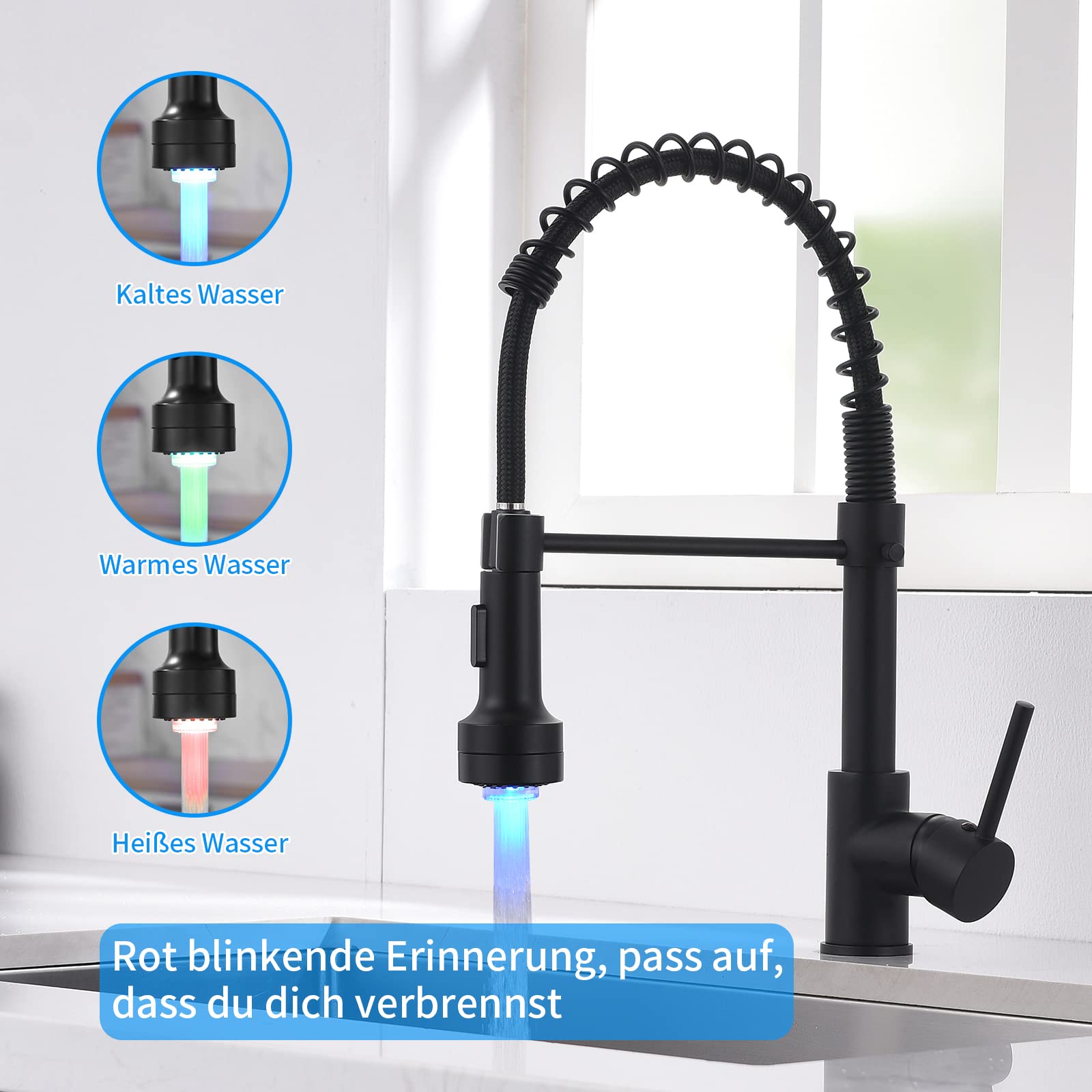 AIMADI Küchenarmatur Ausziehbar LED Wasserhahn Küche, 2 Wege Spüle (Strahl & Spray), 360° Drehbar, Einhebelmischer für Spülbecken, Schwarz Matt