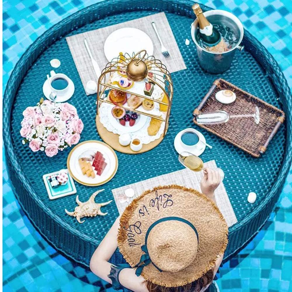 Tavoli Da Porzione Galleggianti Tavolo Rotondo Con Manici, Vassoio A Telaio In Rattan Rotondo Piscina Piscina Galleggianti For Adulti For Sandbars Spa Bagno E Feste Feste Fotografia Fotografia
