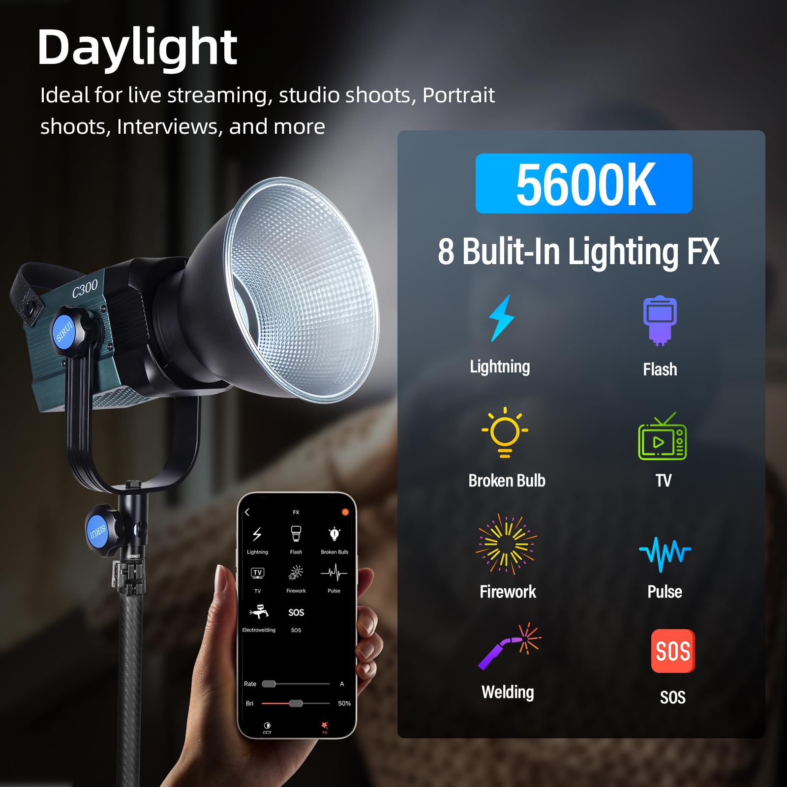 Amazon.com : SIRUI 300W LED Video Light C300, Compact COB 