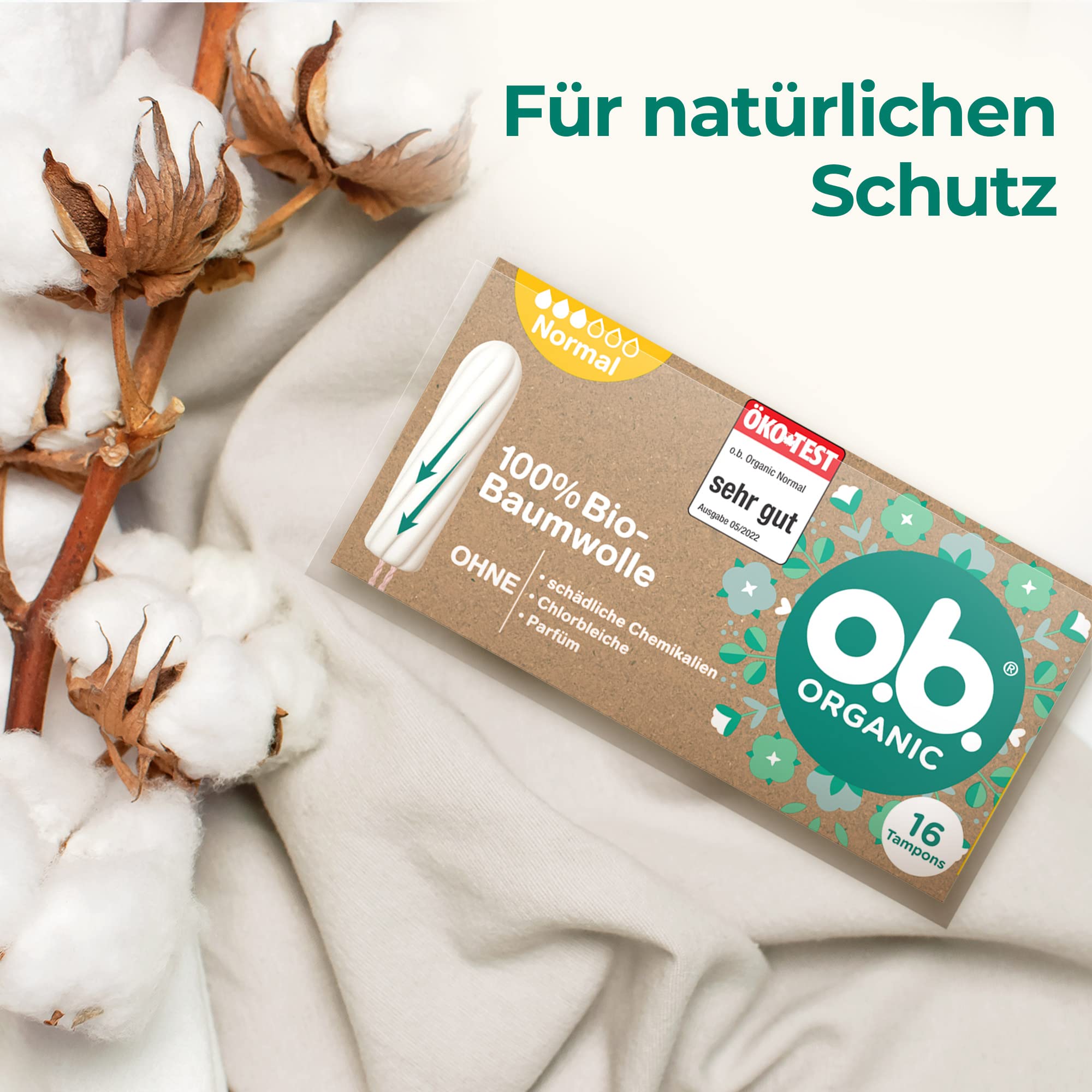 o.b. Organic Normal (16 sztuk), tampony ze 100% bawełny ekologicznej z łukowatymi rowkami na średnie/mocniejsze dni, zapewniają niezawodną i naturalną ochronę podczas okresu