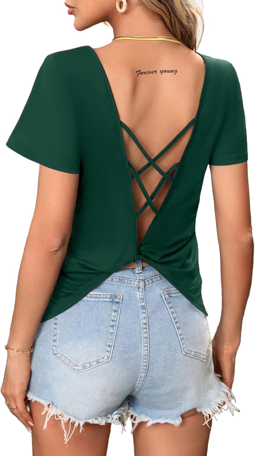 LilyCoco Womens Backless Top Open Back Twist Criss Cross Short Sleeve V Neck T Shirt
