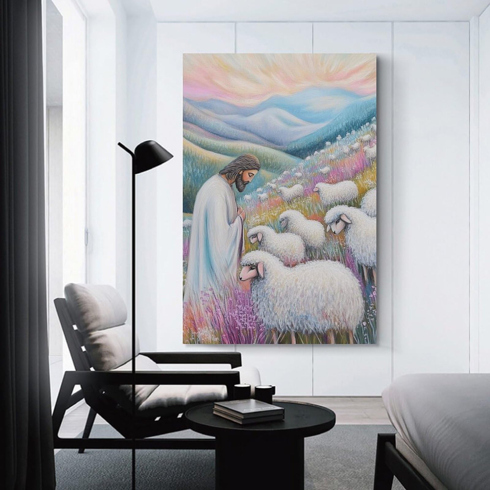 Junmoney Canvas Art Print Jesus with Sheep Art Print, 20x30inch(50x75cm), for Contemporary Homes, Apartments Or Offices, Decorative Canvas Decor for Home Updates