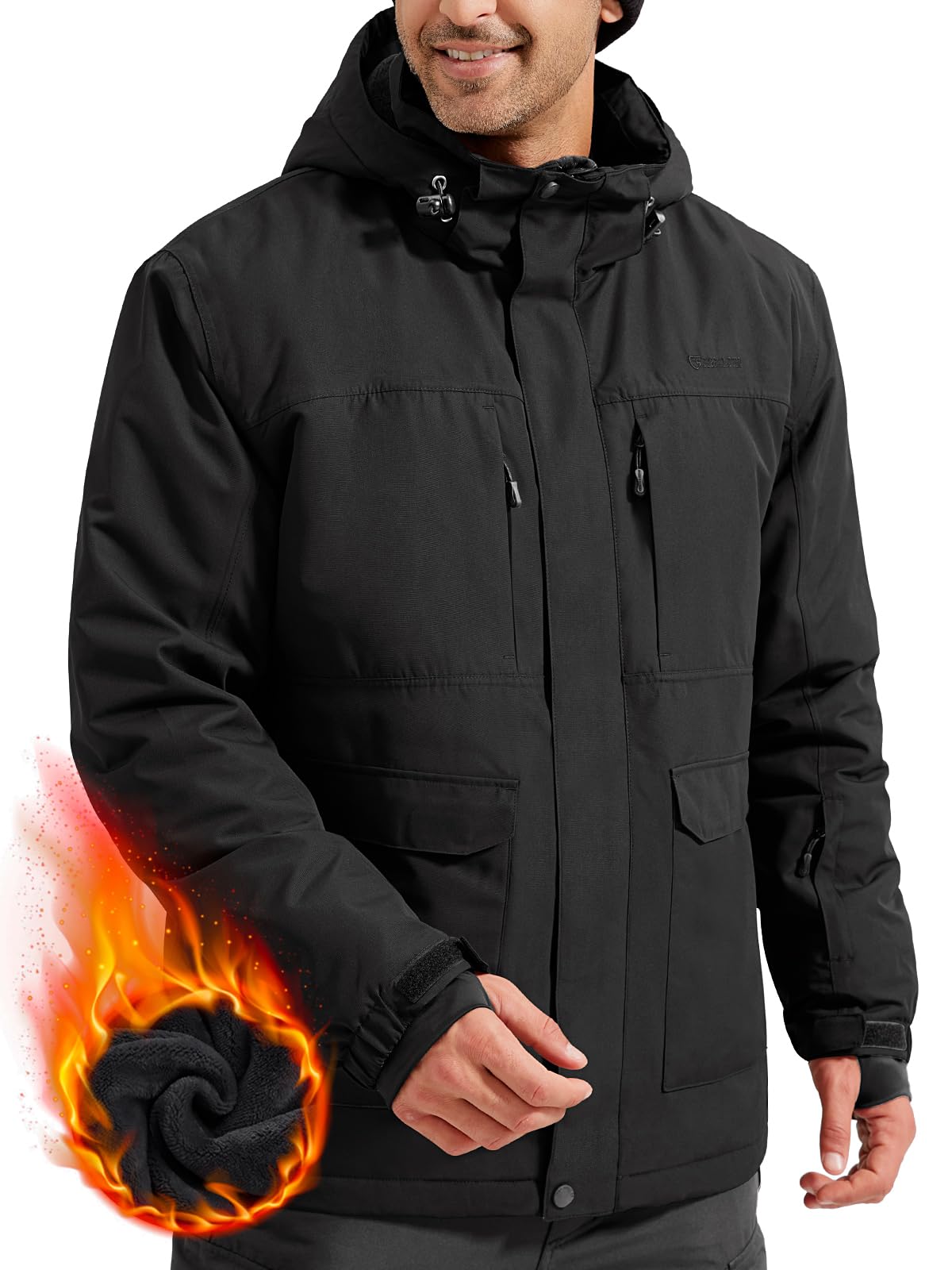 FREE SOLDIER Men's Waterproof Ski Jacket Fleece Lined Warm Winter Snow Coat with Hood Fully Taped Seams(Black,M)