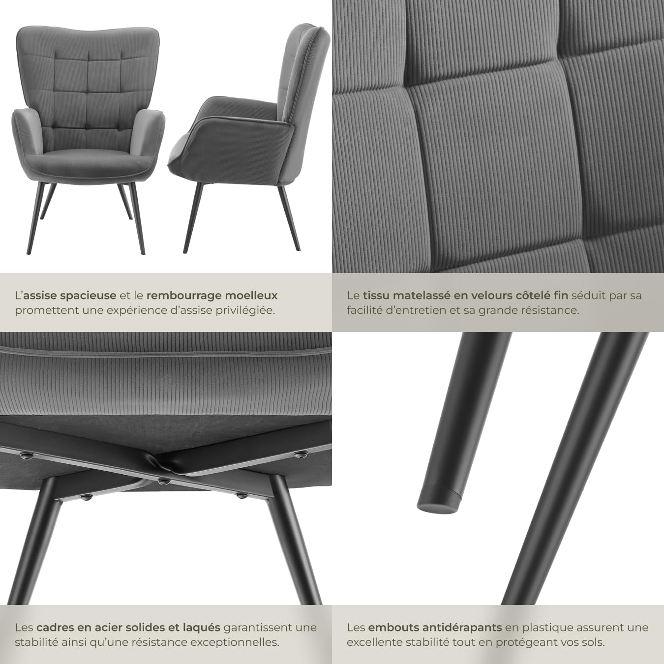 tectake® Fauteuil Relax Confortable en Velours côtelé Fauteuil Scandinave Moelleux avec Accoudoirs & Dossier Ergonomique pour Salle à Manger, Salon, Chambre, Siege Bureau, Allaitement Gris/Noir