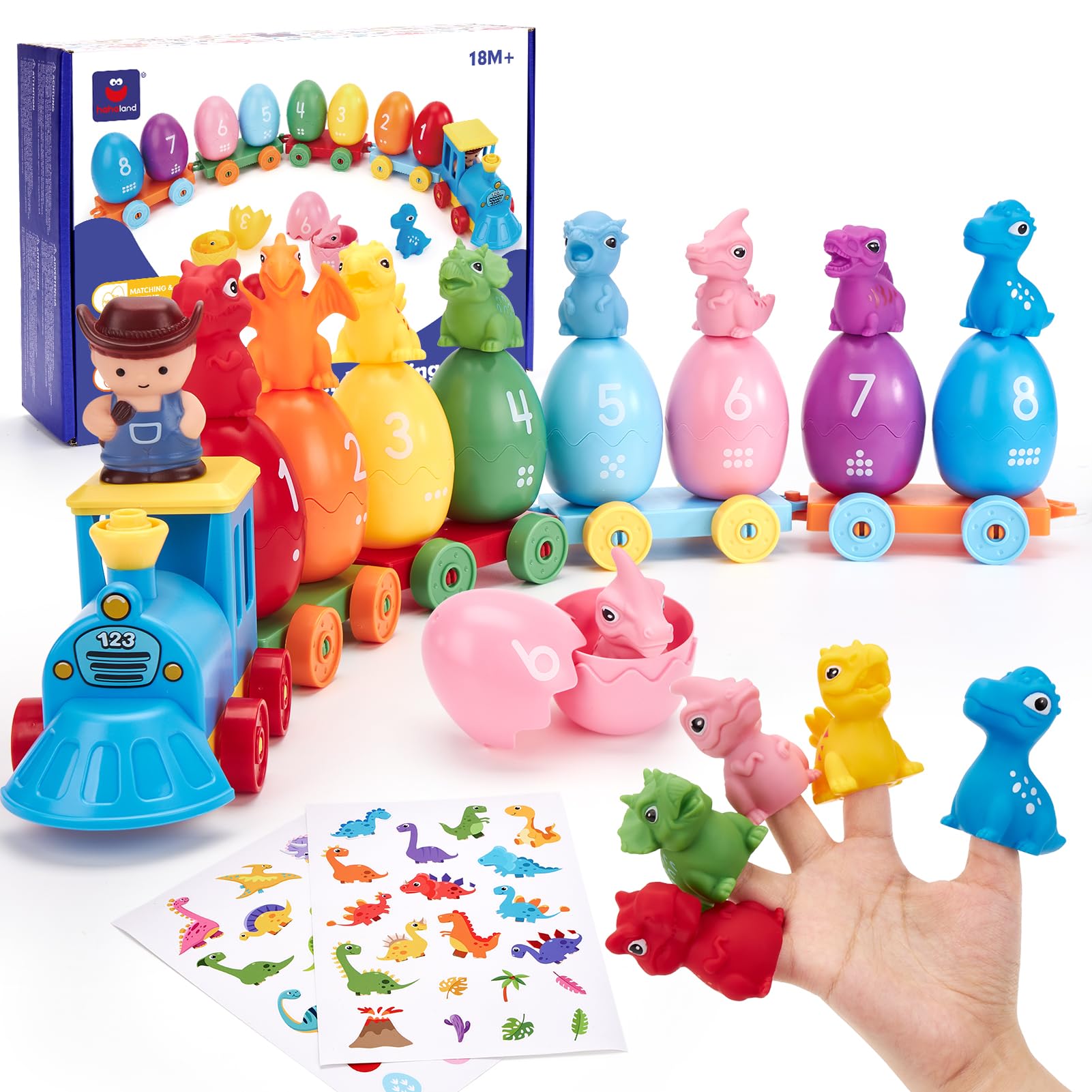 hahaland Montessori Dinosaur Train Set, Learning Toy for Toddlers Ages 2-3 | 22-piece set with 8 dinosaurs, 8 numbered sorting eggs, a buildable train, 2 dinosaur stickers and an adventurer figure.