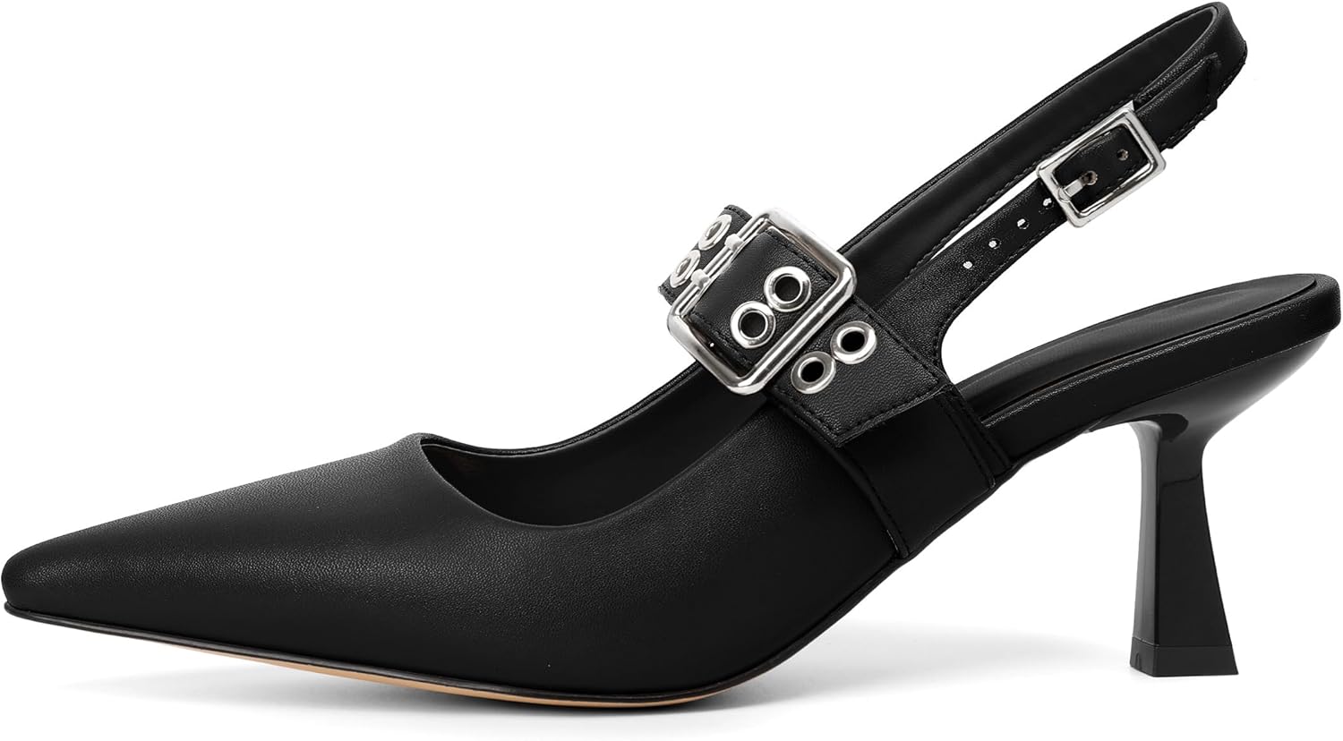Esvowido Kitten Heels for Women Pointed Closed Toe Slingback Pumps Ankle Strap Metal Buckle Low Heels Wedding Prom Work Date Dress Shoes - Image 5