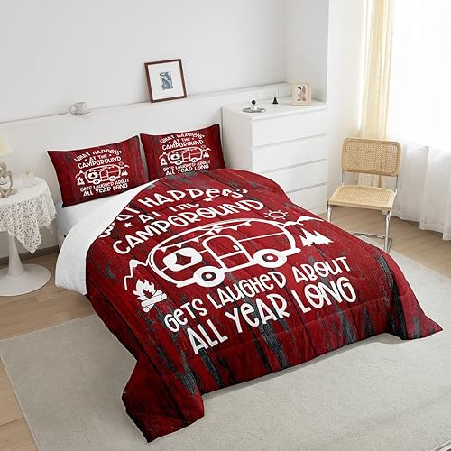 Miniatura 4 de Juego de edredón de caravana tamaño Queen, edredón de campamento feliz, color rojo, estilo rústico de granja, juego de ropa de cama de 3 piezas para