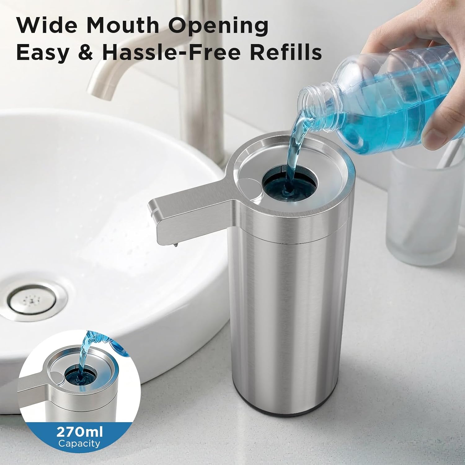 Automatic Soap Dispenser - 9 oz, Rechargeable & Touchless Liquid Soap for Kitchen and Bathroom with 3 Adjustable Dispensing Modes, Water-Resistant, Stainless Steel