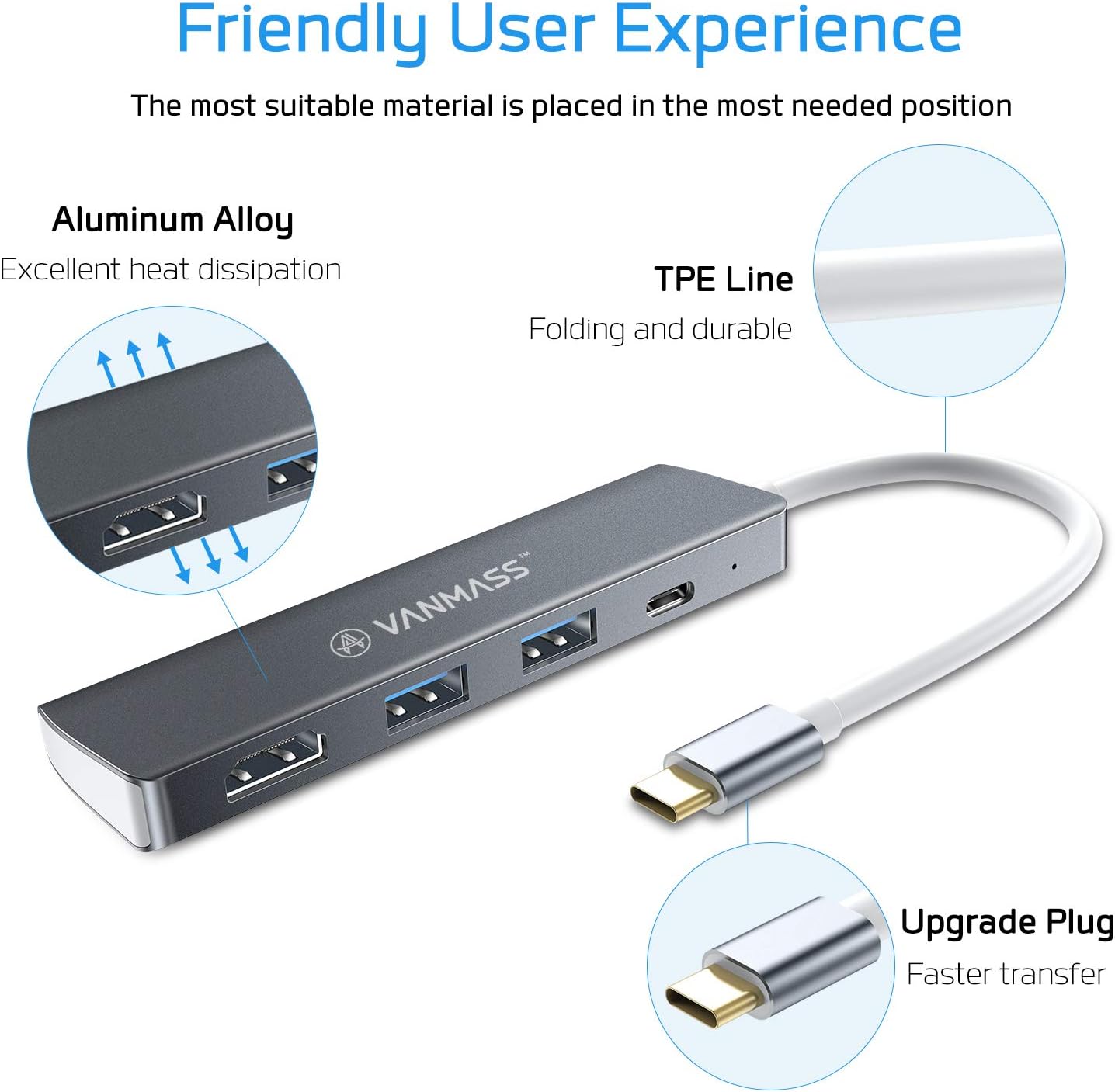 VANMASS Aluminum USB C Hub HDMI, 4 in 1 USB C Adapter, Type C to 4K HDMI Port, 60W Power Delivery, USB 3.0 Ports Compatible with MacBook, MacBook Pro/Mini, iMac, Surface, XPS and Others, Space Gray
