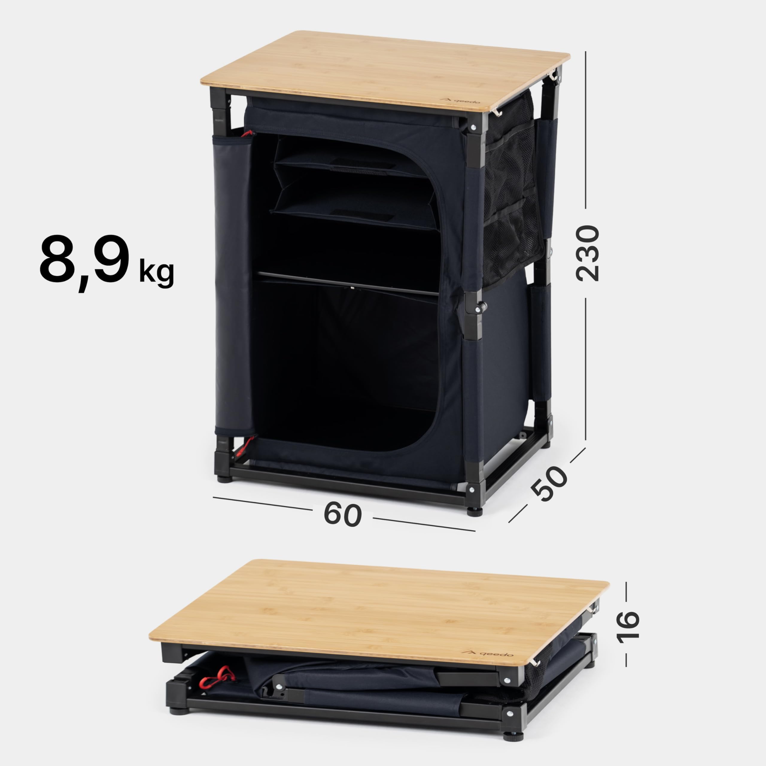 qeedo Quick Sammy Campingküchensystem, Campingschrank mit Bambusplatte, Schnellaufbau, Stauraum und Erweiterung