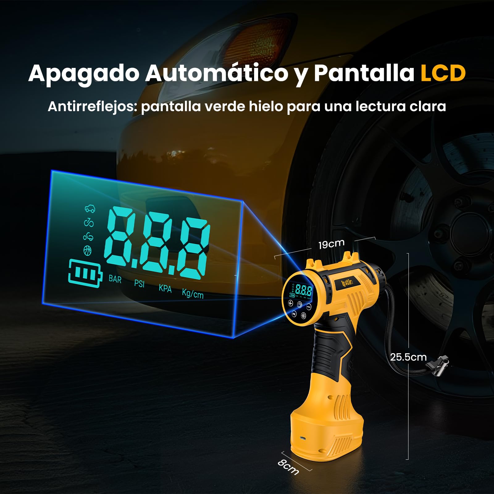 Ipflin Inflador Ruedas Coche 150PSI - 22L/min Compresor Aire Portátil Recargable, Inflador Eléctrico Inalámbrico con Pantalla Digital y Luz LED, 4 Modos Preestablecidos para Coche/Bicicleta/Moto/Balón - 5