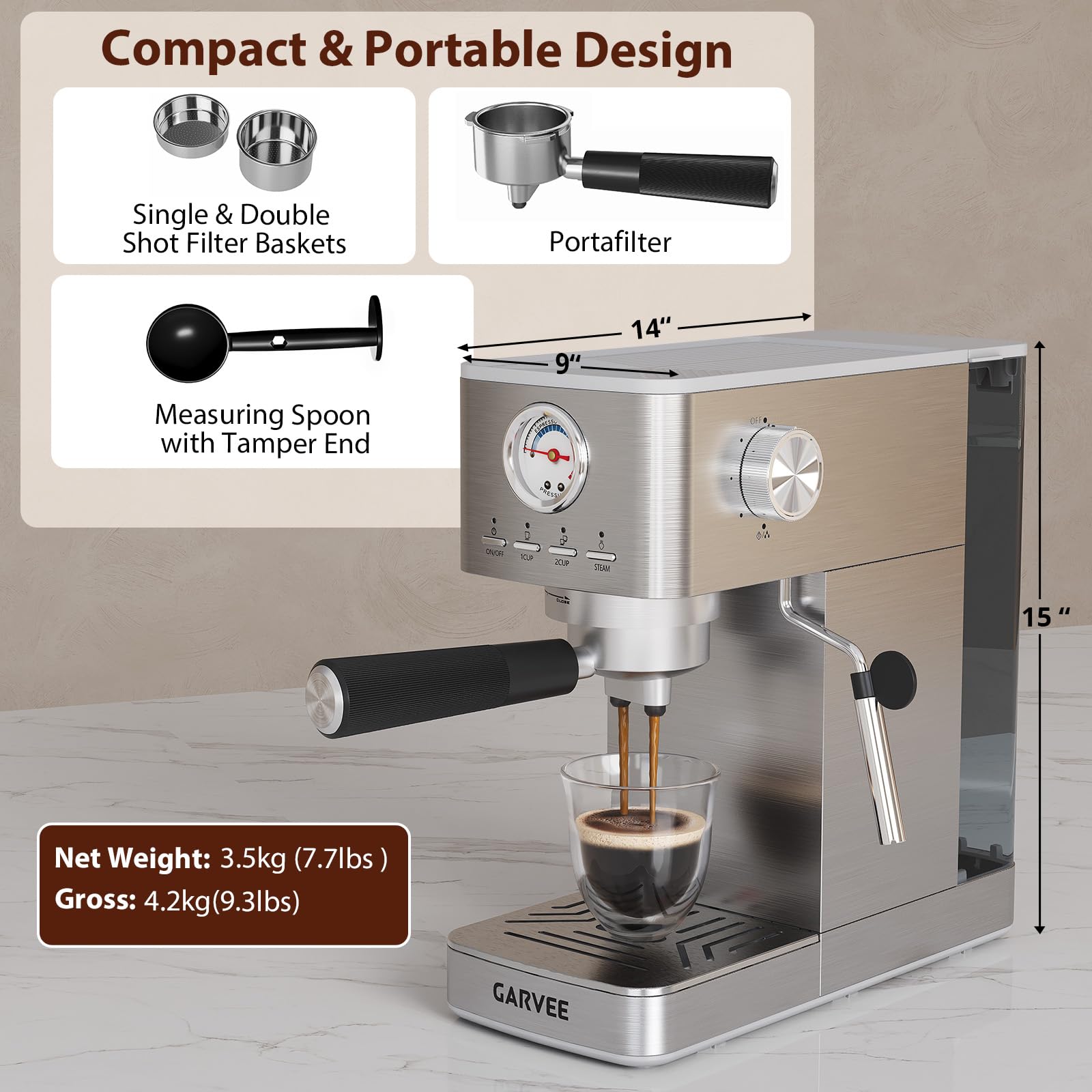 Macchina da caffè espresso 20 bar con trituratore, macchina da caffè espresso semi-automatica in acciaio inox con montalatte, temperatura e volume di tazza regolabili,1,4 l serbatoio rimovibile per