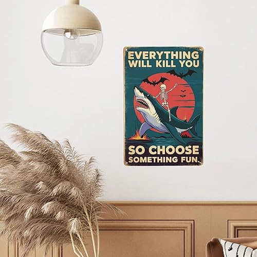 Miniatura 6 de Arte de pared de metal de tiburón de surf, 8 x 12 pulgadas, decoración retro costera con diseño de esqueleto para estética de casa de playa y sala