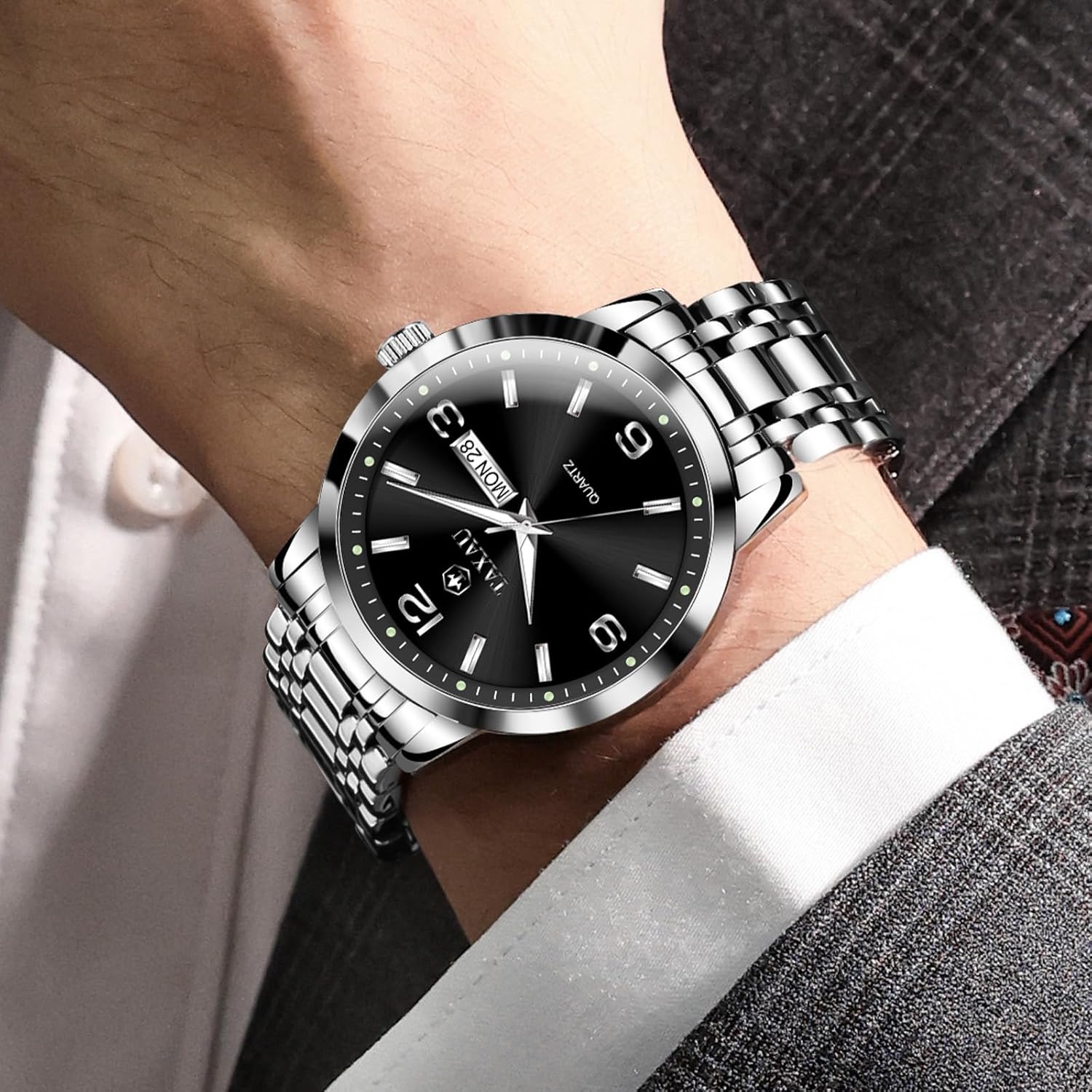 Stainless Steel Mens Watches with Day Date Quartz Analog Large Face Classic Watch Arabic Numerals Dress Luminous Rlojes para Hombres - Image 2