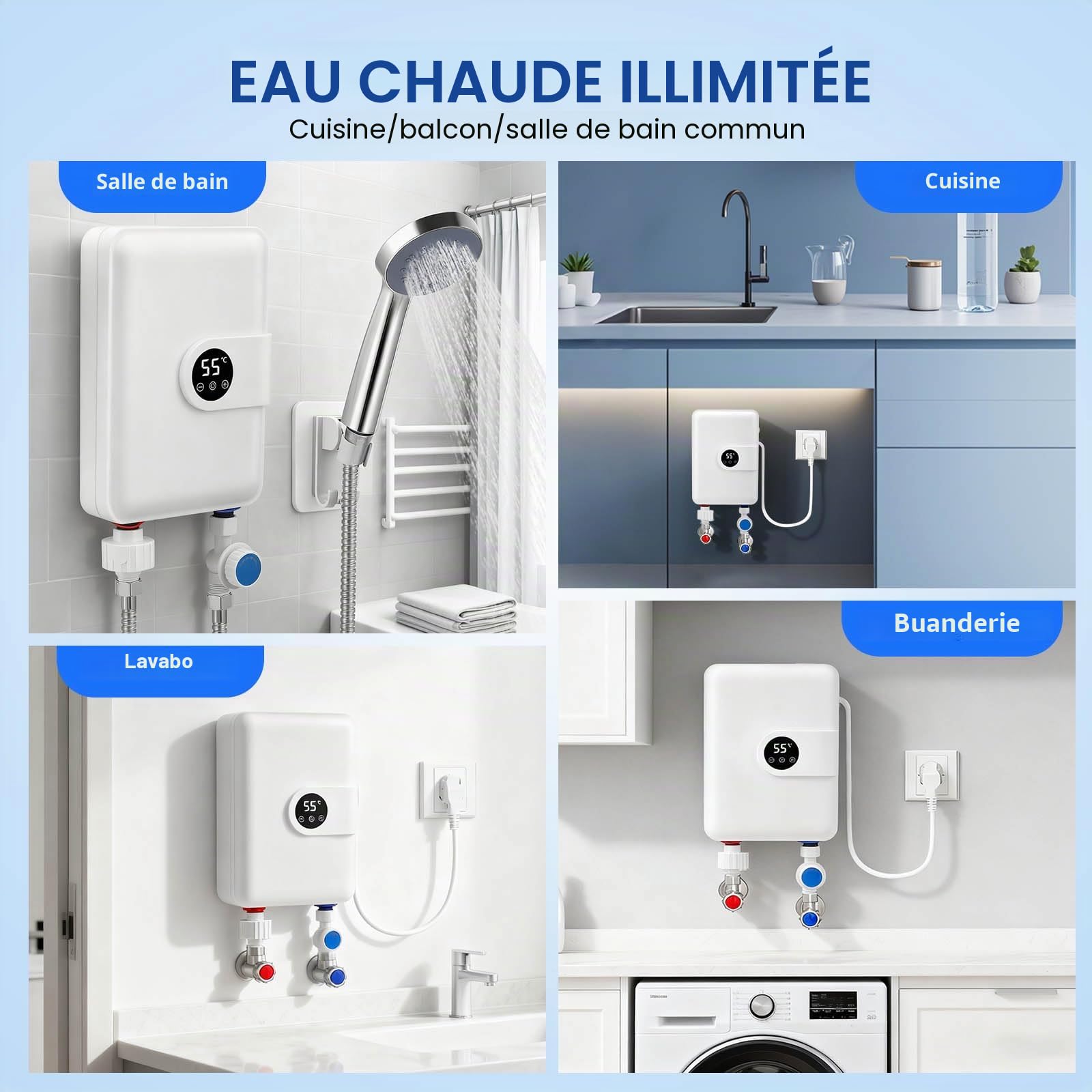 Mini Chauffe-Eau Instantané 5500W Installation Sous Évier - Chauffe-Eau Électronique avec Affichage LED Température - Ballon Sous Évier Compact pour Cuisine, Salle de Bain, Camping-Car