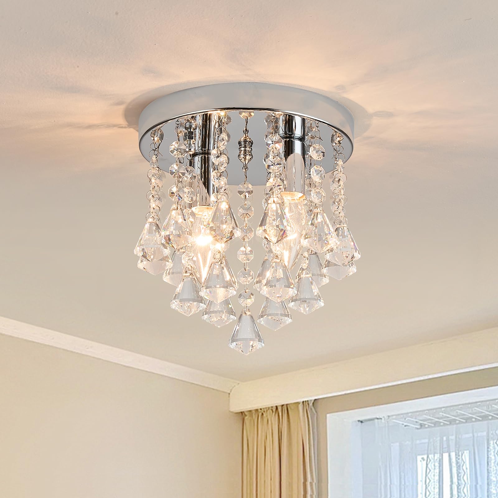 Dellemade Crystal Ceiling Lighting Fixture,Mini Flush Mount Ceiling Light, Modern Crystal Chandelier for Living Room,Kitchen, Hallway,Dining Room (Silver K)
