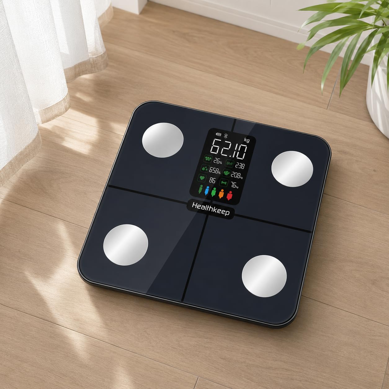 Báscula Grasa Corporal Healthkeep Báscula de Baño, Básculas Inteligentes Digitalescon Función de Frecuencia Cardíaca,15 Datos Corporales,Pantalla VA Extra Grande,Negro