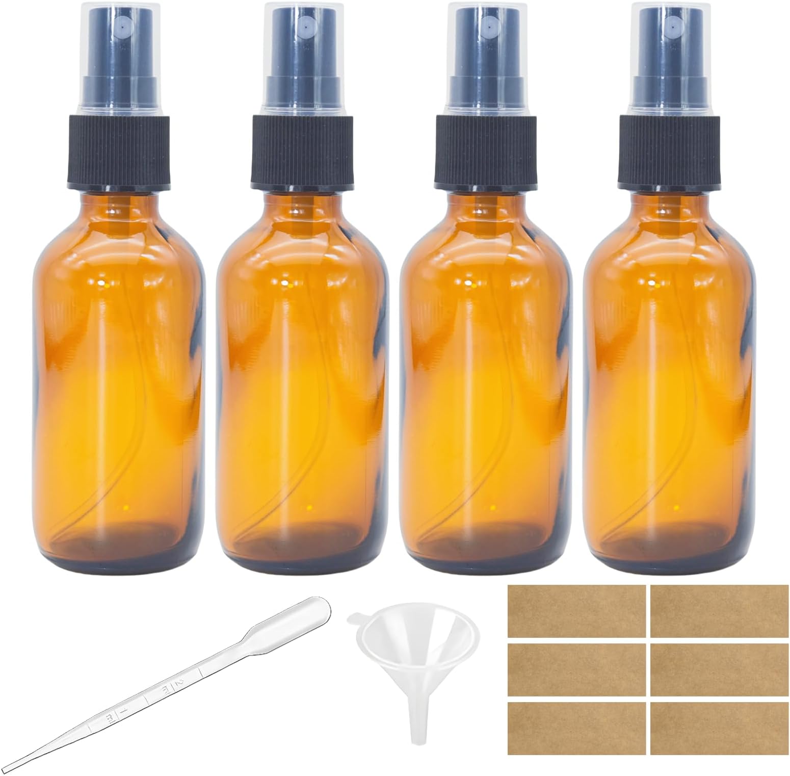Zkupanx 4 PACK 2 oz Small Amber Glass Spray Bottles, 2oz Mini Travel Empty Fine Mist Spray Bottle with Funnel and Labels for Hair, Plants, Perfume
