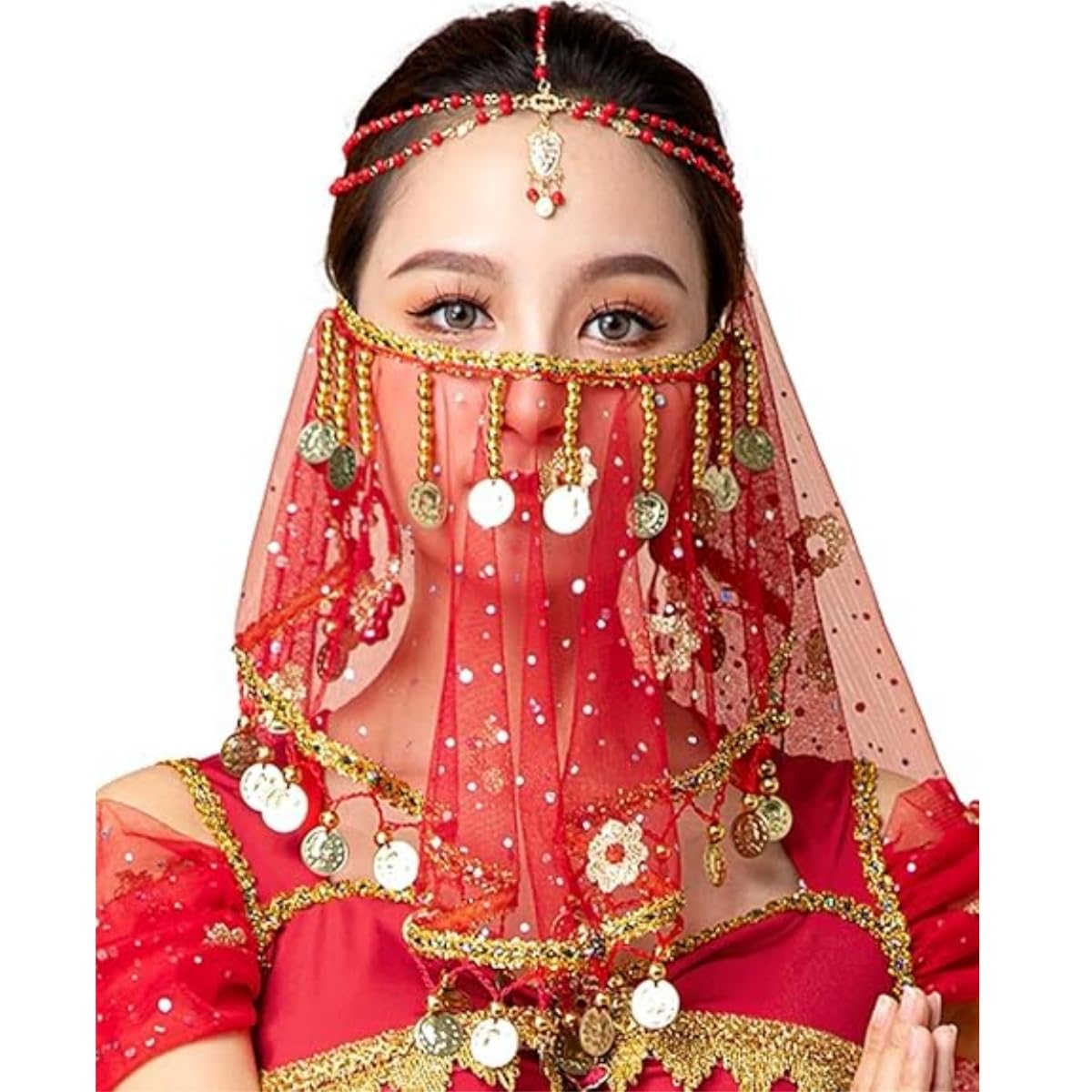 Women's Belly Dance Tribal Face Veil, Chiffon Mysterious Veils with Sequins Beads for Belly Dane Costumes, Retro Indian Dance Face Veil for Performance Halloween Costume Accessory for Women