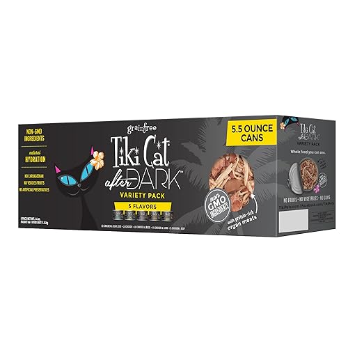 Tiki Cat After Dark, Variety Pack, High-Protein and 100% Non-GMO Ingredients, Wet Cat Food for Adult Cats, 5.5 oz. Cans (Pack of 8) - Variety Pack - 5.5 Ounce (Pack of 8)