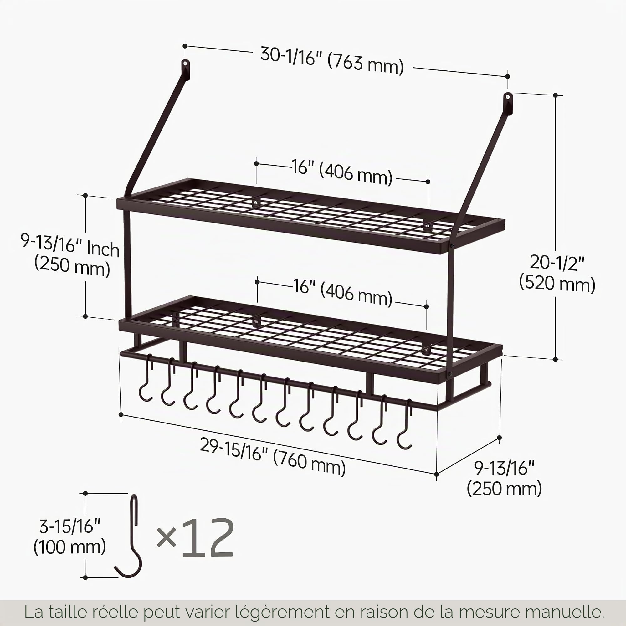 KES Support mural pour casseroles 76 cm bronzé huilé à 2 niveaux, organisateur mural pour casseroles et poêles avec 12 crochets robustes, style ferme, KUR215S75B-OB
