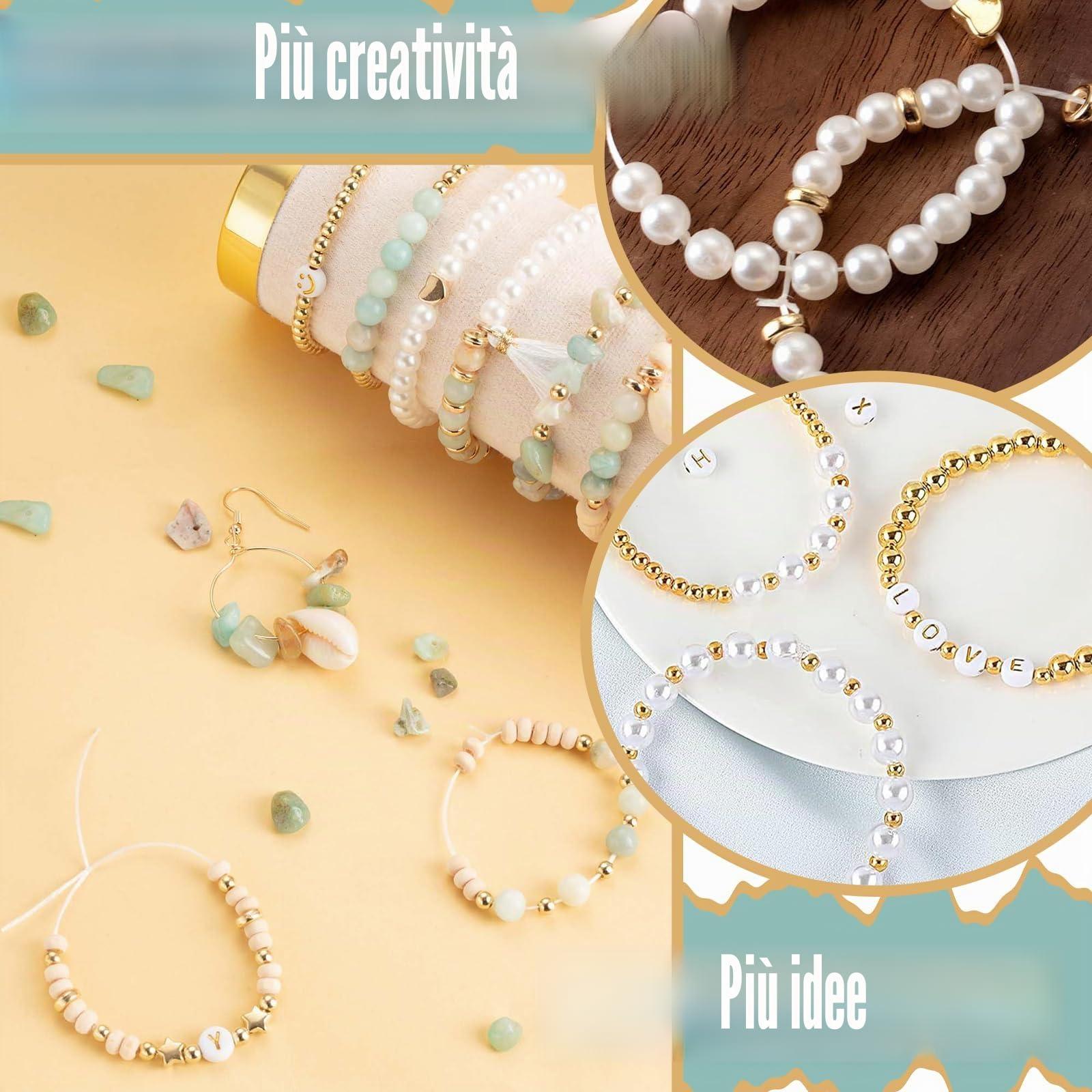 Perline Per Braccialetti, Perline di Semi con Perlines di Lettere, Kit Fai da Te Kit per la Creazione di Gioielli Pietre Preziose Naturali per Gioielli Braccialetti Collane Orecchini, Accessori