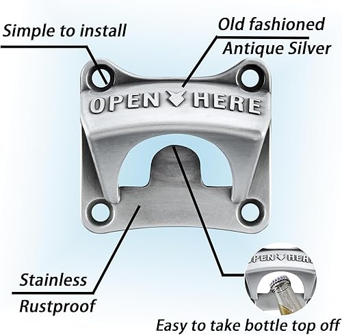 Miniatura 2 de Abridor cuadrado de tapa de botella de cerveza montado en la pared plata antigua