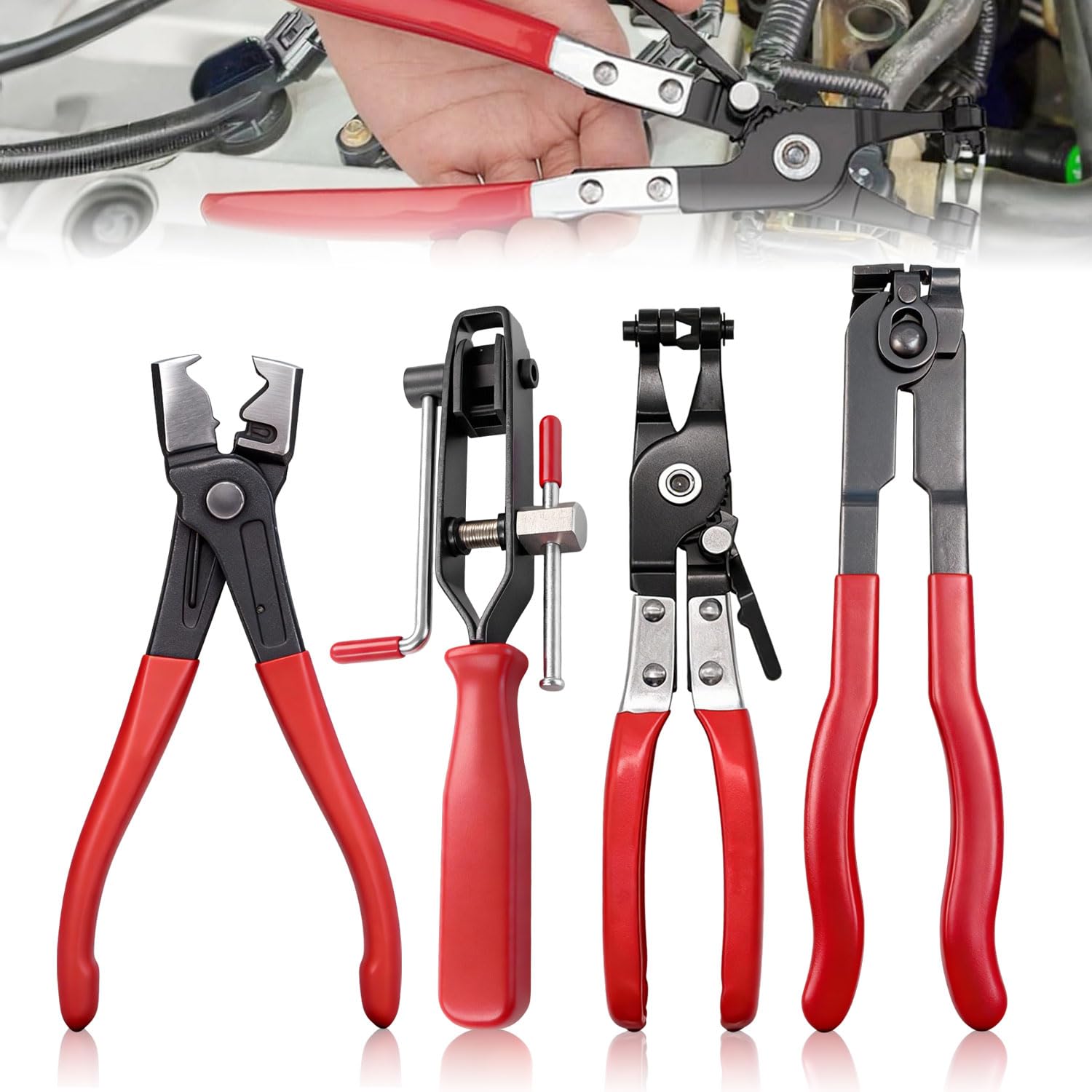 Kit de 4 Pince a Collier Durite Professionnel pour Collier de Serrage | Pince Circlips Pinces Coupante Clé à Tube, Acier Carbone Haute Résistance, Manches Anti-Dérapage, Outillage Mecanique Auto