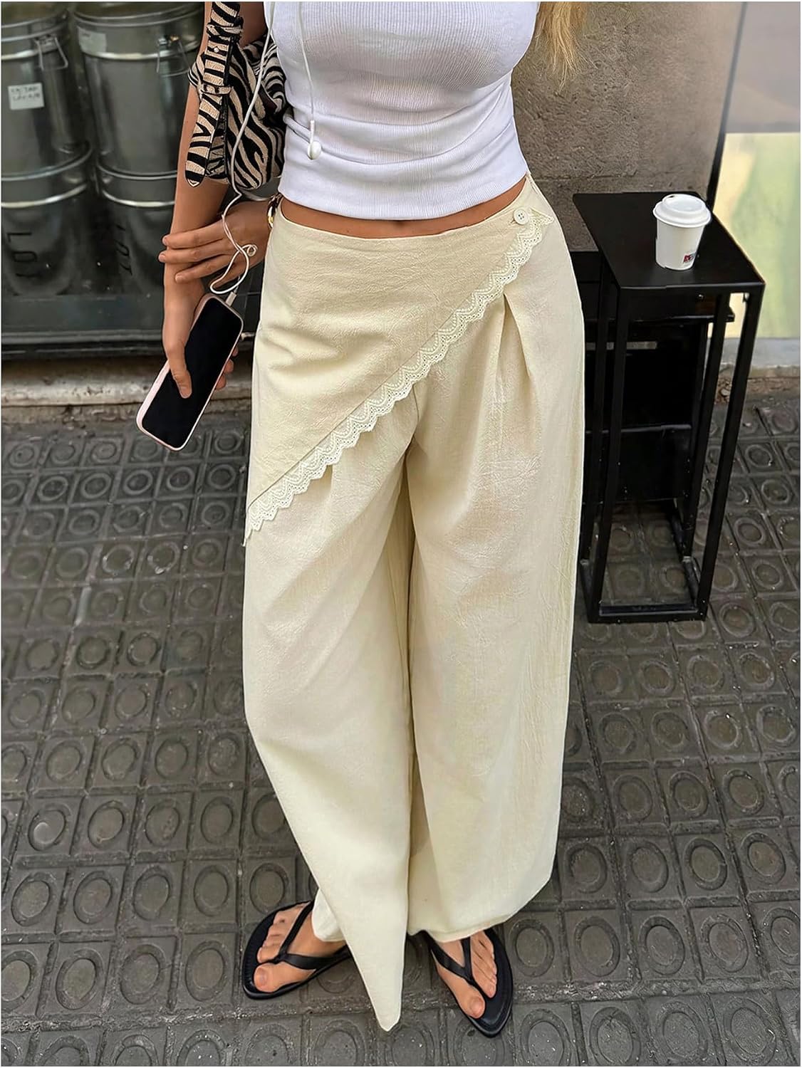 GORGLITTER Women's Low Rise Wrap Pants Y2K Wide Leg Lace Trim Going Out Vacation Baggy Trousers