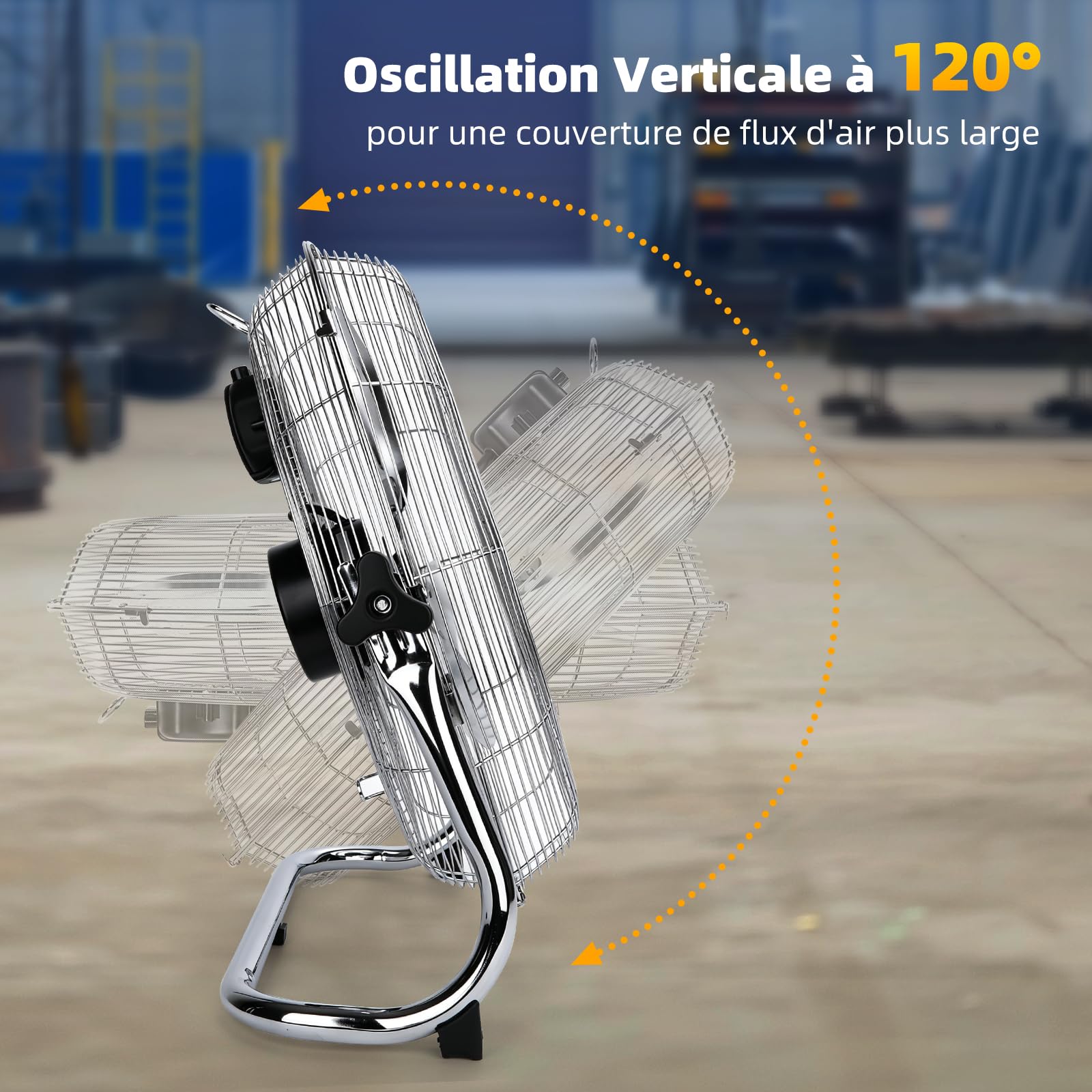 Aigostar Ventilateur Industriel de Sol Puissant-100W Moteur, 3 Vitesses, Oscillation 120°, Pales en Métal Chromé, Grille Renforcée, Design Portable avec Poignée, pour Atelier, Magasin, Maison (54cm)