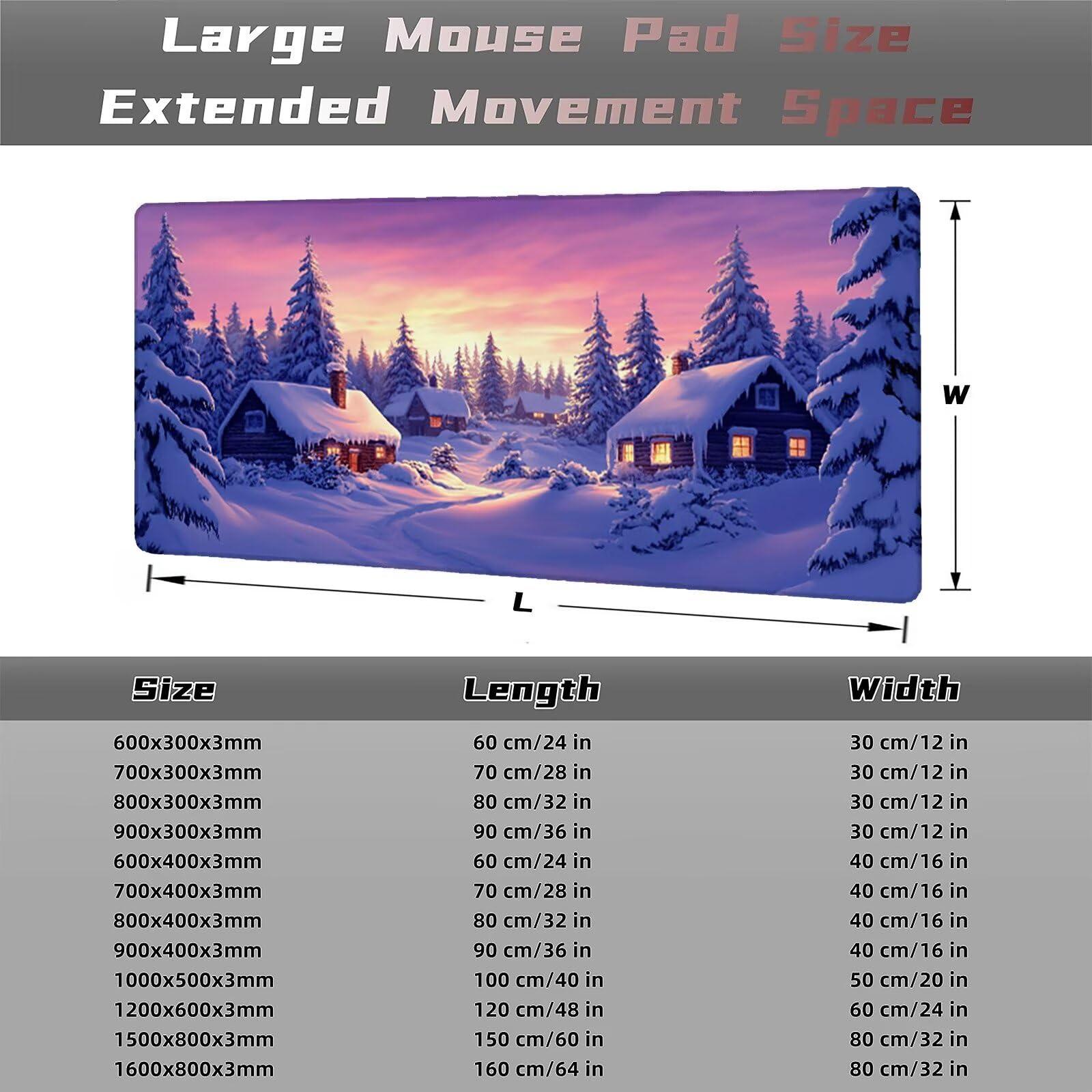 Podkładka pod mysz 1200 x 600 x 3 mm Śnieżna Podkładka pod mysz XXL Kabinowa, antypoślizgowa gumowa podstawa Szwy na krawędziach Podkładka pod mysz Ulepszona dokładność i szybkość, do komputerów