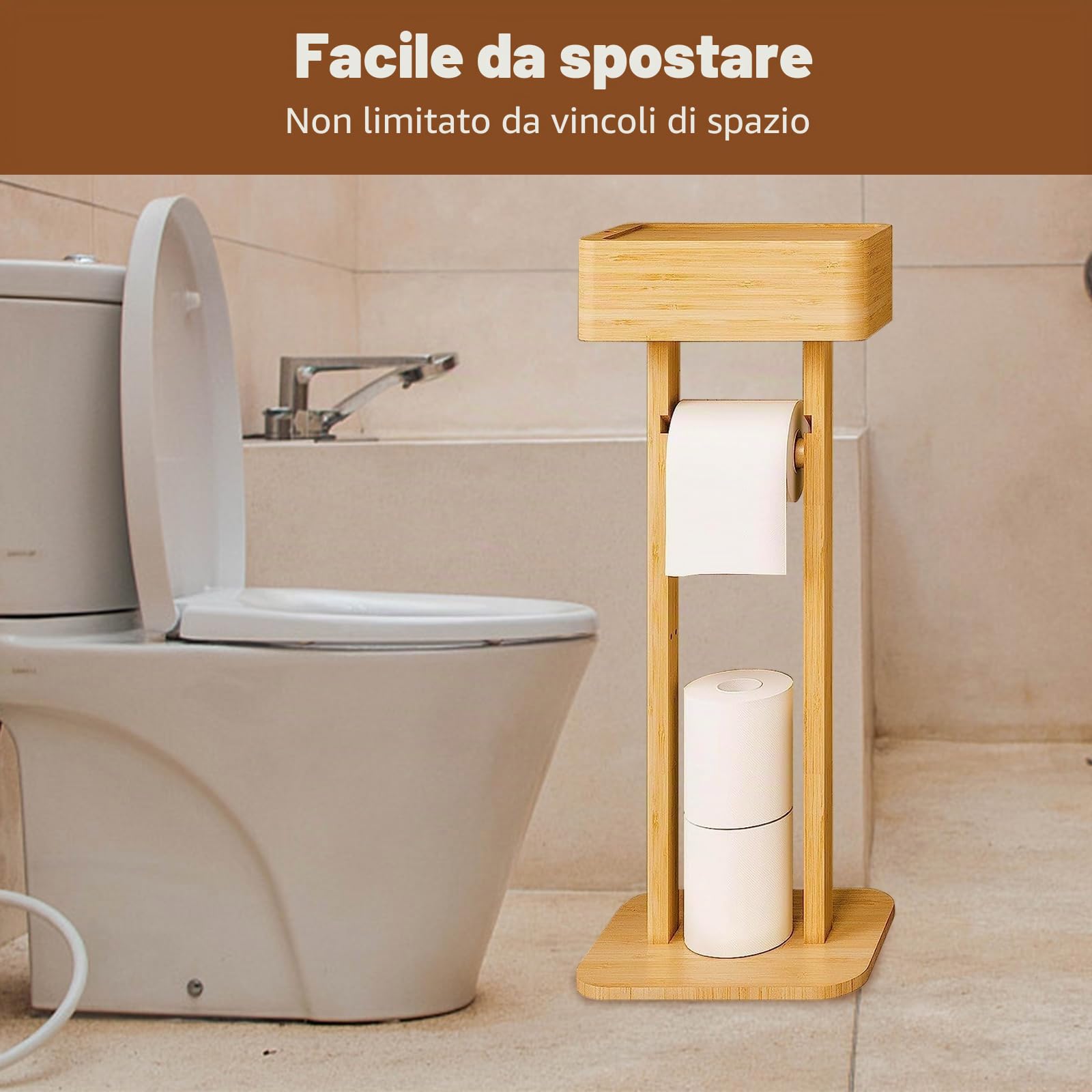 Supporto per Carta Igienica 4 in 1 Con Ripiano Portaoggetti, Porta Rotolo in Bambù Autoportante, Organizer