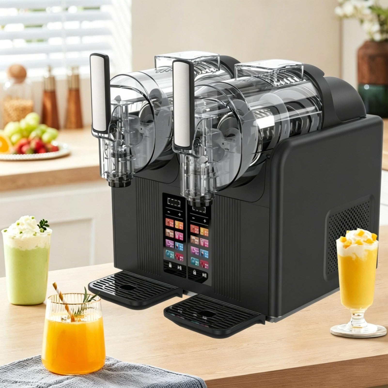 Pfps Dual Chamber Slushie Maker Machine, 7-in-1 Frozens Drink & Soft Ice Cream Machine, No Ice Needed Chilled Drink Maker, for Margaritas Smoothies Cocktails Black