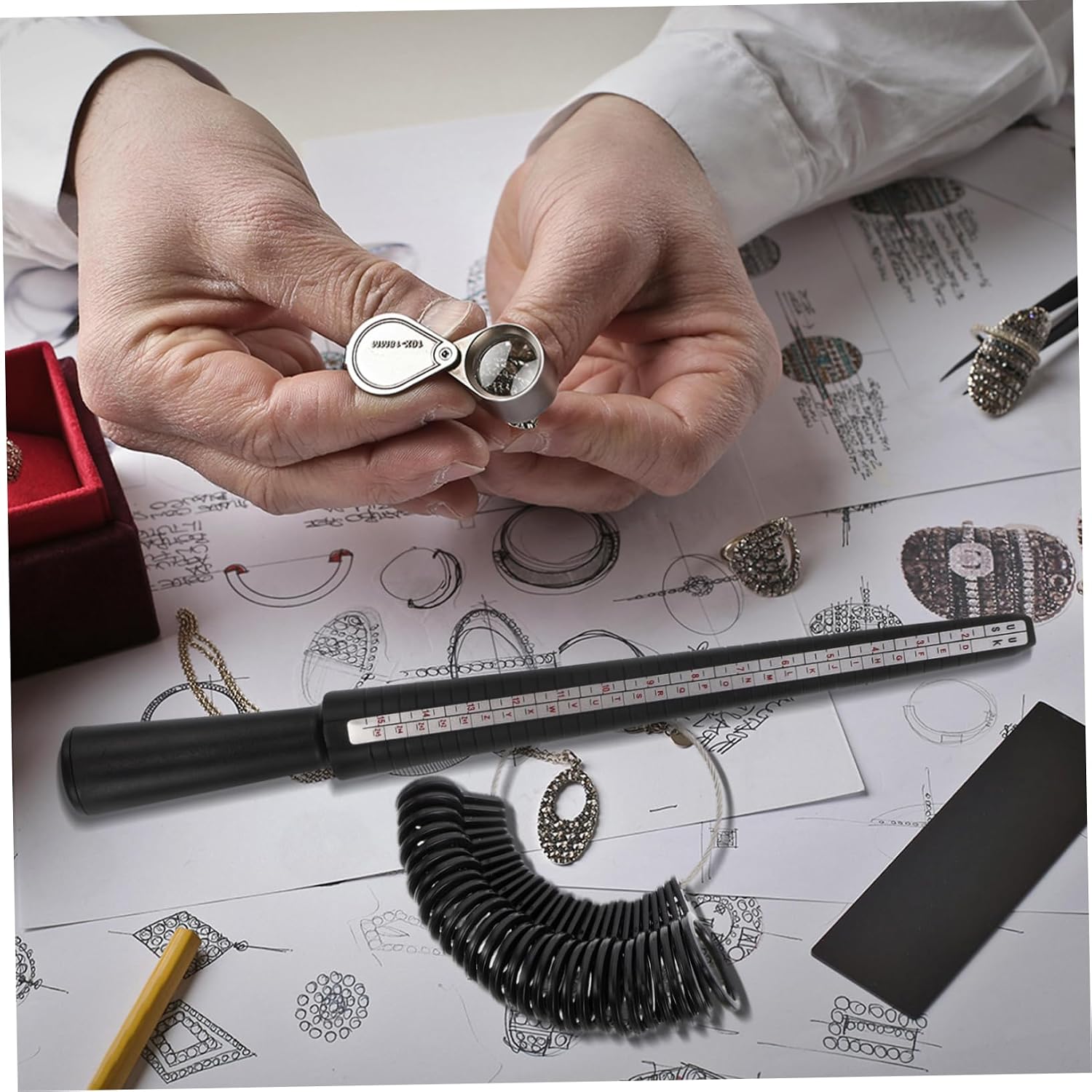 Uonlytech 1 Set Ring Measurement Tool Kit Marked Ring Mandrel Finger Measuring Tape Soft Ruler Complete Jewelry Tools for Accurate Sizing of Men Women