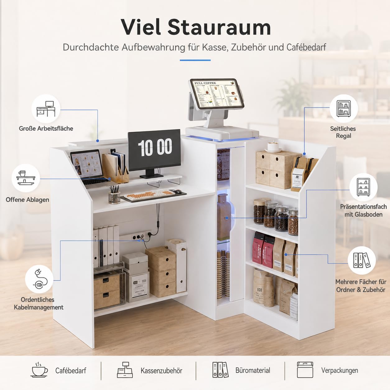 Caldion Moderno mostrador de recepción con iluminación LED con cajón de tatuaje, mostrador de recepción de cristal templado, mesa de recepción en forma de L, color blanco, 120 x 100 x 103 cm